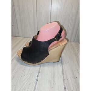Sam Edelman CAMILLA Black Leather Sandals Wood Wedge Sling Heel Platform Read 9